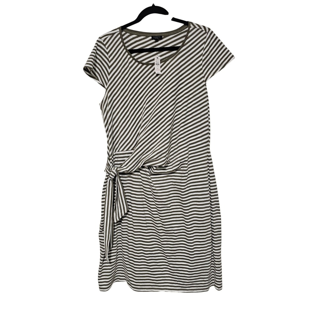 Talbots 1X Jersey Knit Dress Olive Green Striped Side Tie Faux Wrap Cotton NWT